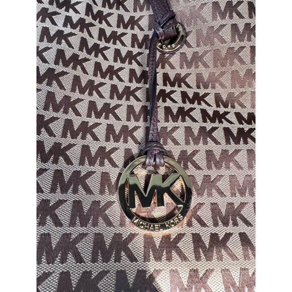 Michael Kors Jet Set Signature Logo Large Brown Tote Bag Gold Hardware Leather - Picture 2 of 13